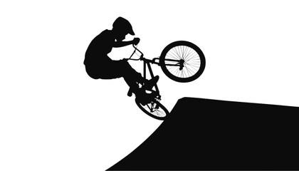Naklejka premium Bicyclist performs a high jump trick on a BMX bike while silhouetted against a bright white background.