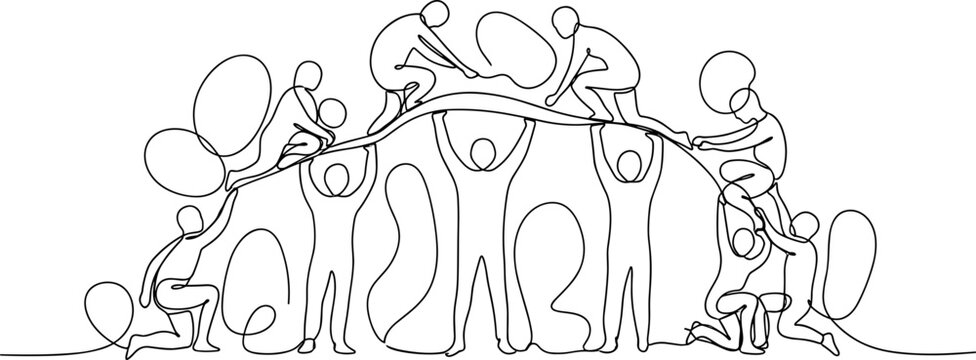 Continuous line drawing of diverse people forming a human arch, symbolizing unity and support.