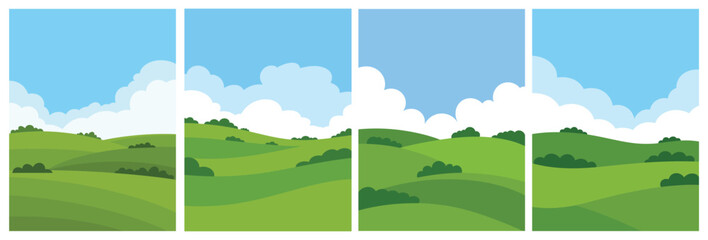 Fototapeta premium Green Hills Landscape Vector Quadriptych Poster Set with Blue Sky and Clouds