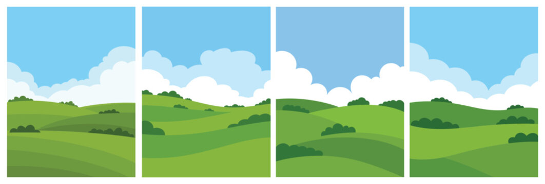 Green Hills Landscape Vector Quadriptych Poster Set with Blue Sky and Clouds