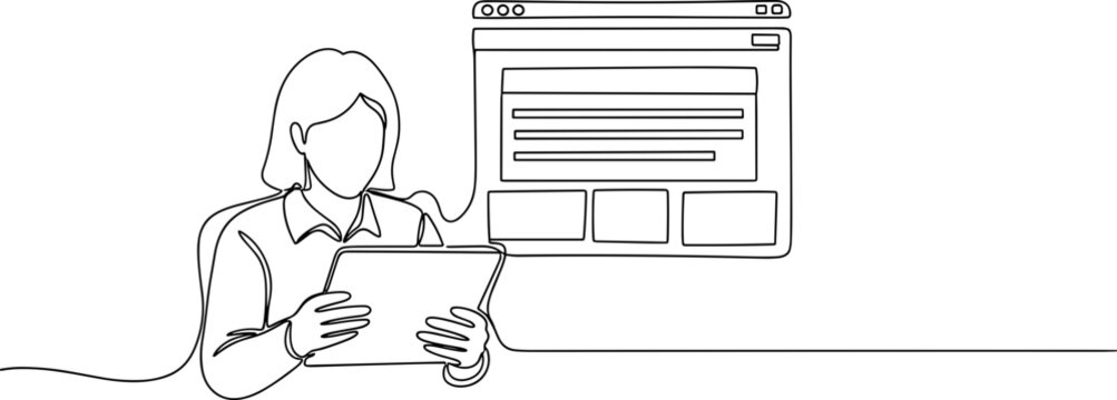 Woman using tablet, connected to computer screen with forms and content, continuous line drawing.
