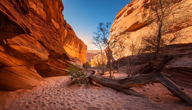 Sunlit Arid Ravine With Fallen Log Rocky Gully And Cracked Silt Under Warm Golden Light Twisted Dead Trees On Sandstone Outcrops Atmospheric Shadows Creating