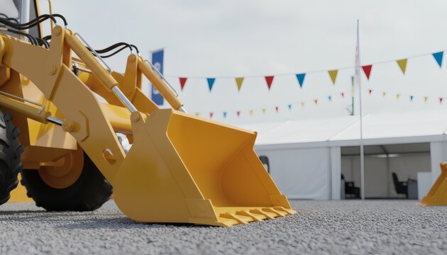 Yellow tractor backhoe loader with bucket attachment on display at an outdoor farm equipment expo demo day, representing modern agricultural machinery demonstration concept