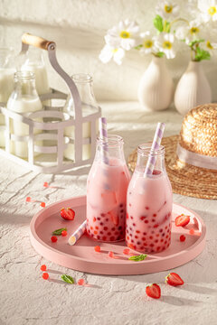 Fresh and cold strawberry bubble tea as refreshing for summer.