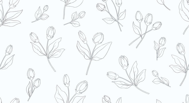 Elegant seamless floral pattern featuring hand drawn sketches of flower buds and leaves in a minimalist black and white line art style.