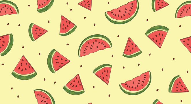 Colorful seamless pattern with cute cartoon watermelon slices and scattered black seeds on a bright yellow summer background.