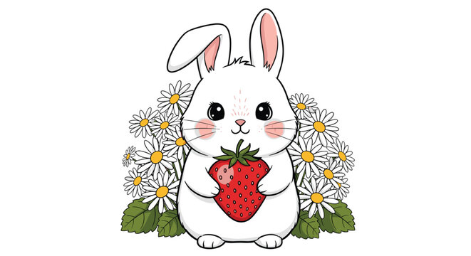 Cute white rabbit sitting and holding a large ripe red strawberry surrounded by a bouquet of white daisy flowers and green leaves.