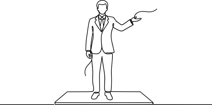 Businessman holding string on podium, line art illustration