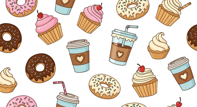 Delicious seamless pattern featuring various coffee cups donuts cupcakes and desserts with cream and cherries on a white background.