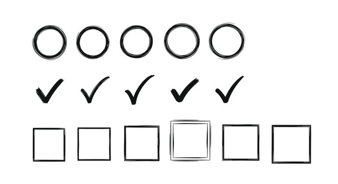 Hand drawn collection of circular frames checkmarks and square check boxes in a rough black brush stroke style for productivity designs.