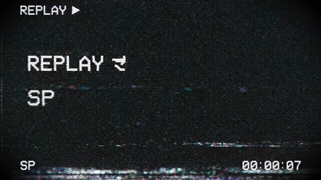 Retro VHS tape glitch effect with replay and timecode overlay