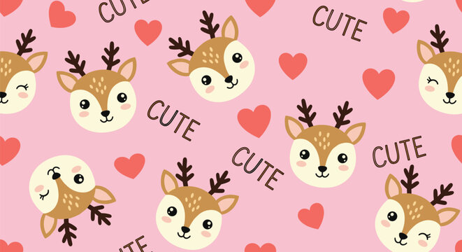 Lovely seamless pattern with cute cartoon deer faces red hearts and the word cute on a soft pink background for baby girl textiles.