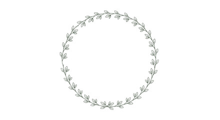 Fototapeta premium Minimalist circular wreath illustration composed of delicate hand drawn green leaves and thin branches on a clean white background for decor.