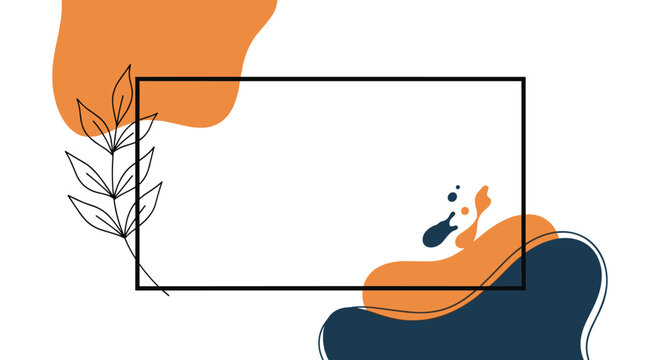 Minimalist abstract background featuring orange and dark blue fluid shapes with a delicate black outline leaf branch and a central frame.