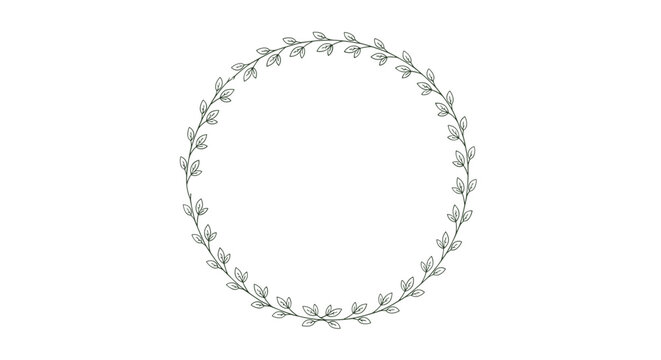 Minimalist circular wreath illustration composed of delicate hand drawn green leaves and thin branches on a clean white background for decor.