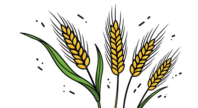 Detailed drawing of four golden ears of wheat with long green leaves and black accents representing harvest and agricultural bounty.