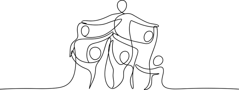 Continuous line drawing of a supportive family embracing, unity and togetherness concept.