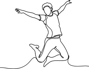 Joyful person jumping in continuous line drawing style, celebrating success and freedom. © dinny