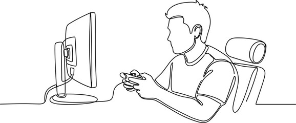 Continuous line drawing of a person playing video games on a computer with a controller. © dinny