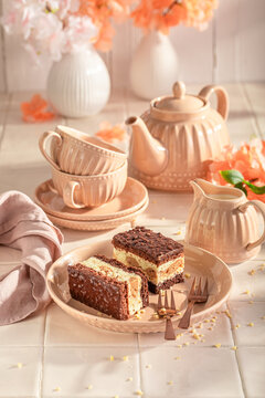 Delicious ans soft sponge cake with chocolate and cream.