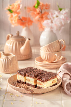 Homemade and fresh sponge cake with chocolate and cream.