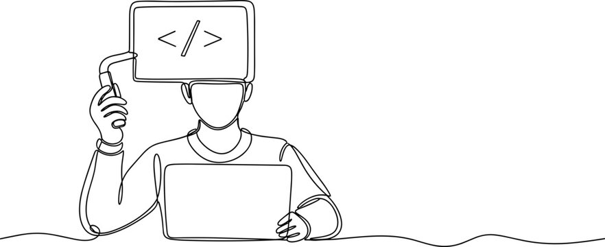 Programmer with laptop and code symbol on screen, single line drawing