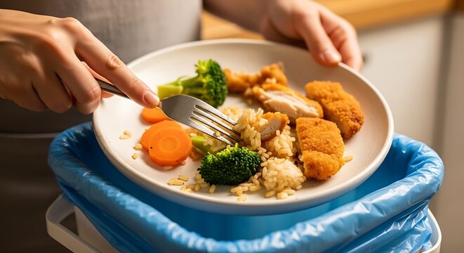 Person holding a plate of food over a trash bin, representing food waste and leftovers being discarded in a kitchen setting