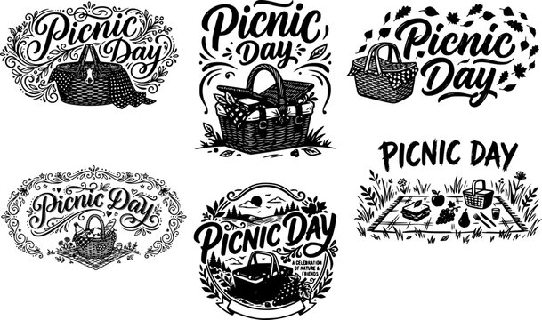 Picnic Day decorative black and white hand lettered badge and emblem bundle set with wicker baskets, floral frames, and food elements ideal for summer event branding and merchandise design