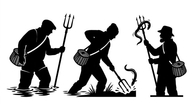Traditional eel spearing fishermen catching eels with trident spears and wicker creel baskets silhouette vector illustration set
