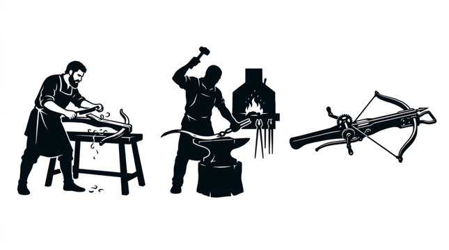 Medieval crossbow maker shaping wooden stock and blacksmith forging steel bow on anvil silhouette vector illustration set