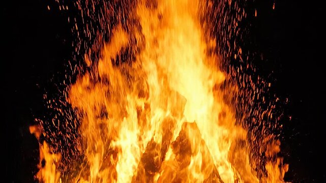 Vibrant bonfire flames dance with glowing embers against a dark background