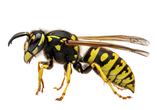 Macro shot of a yellow and black wasp isolated on transparent background
