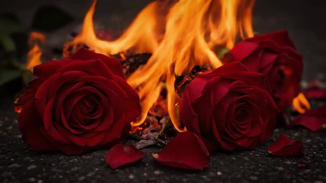 Fiery scene of red roses juxtaposed with vibrant flames. A somber, dramatic portrayal