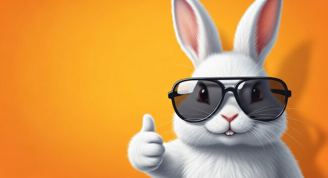 A cool white bunny rabbit wearing stylish black sunglasses gives a thumbs up gesture against a vibrant solid orange background in this high quality, cheerful, and whimsical studio portrait photograph.