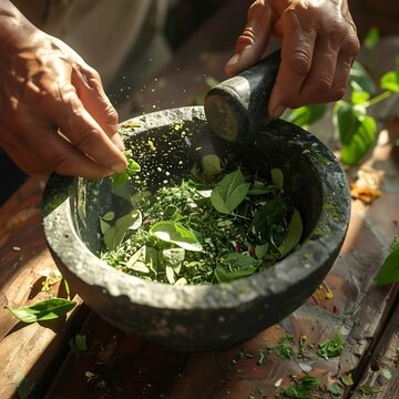 Person using mortar and pestle to crush fresh green herbs for cooking authentic ingredients.