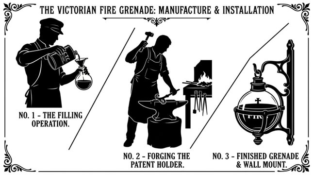 Victorian fire grenade manufacturing infographic set with blacksmith forging wall bracket and worker filling glass bottle extinguisher silhouette vector