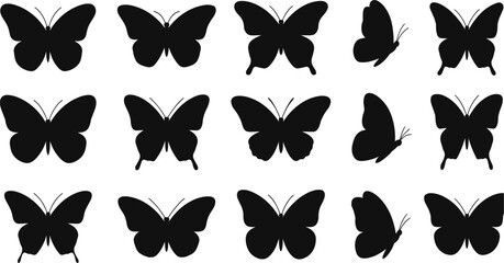 Collection of Black Butterfly Silhouettes in Various Poses on White Background insect © mstharisa