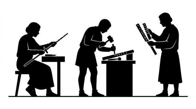 Traditional woodcut silhouette of a medieval craftsman sitting at a bench carving notches into a wooden tally stick, vector art