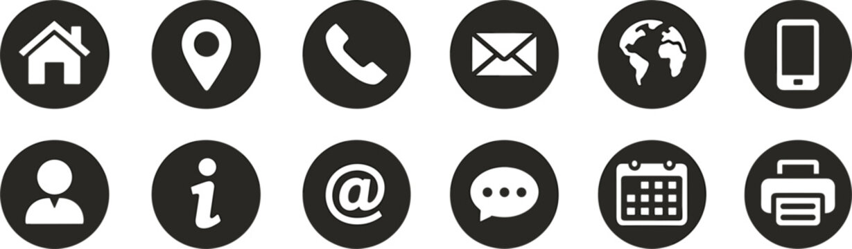 Collection of black and white communication and contact icons on a white background Keywords: communication, contact, icons, set, collection