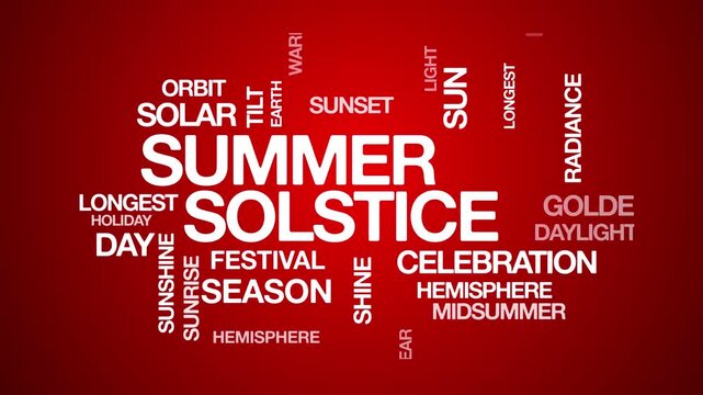 summer solstice concept Animated Tag Word Cloud kinetic typography, Text Design Animation typography seamless loop video motion graphics Intro Wordart tagcloud red background bg backdrop