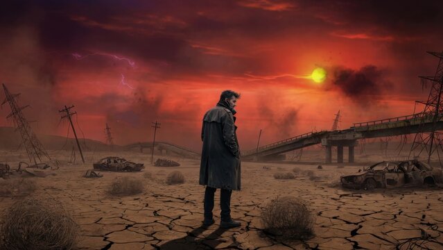 Man standing facing cracked earth near collapsed bridge at dusk