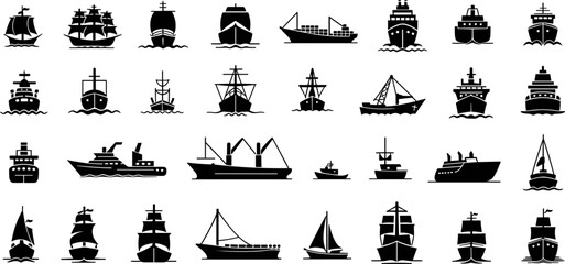 Collection of Black Ship and Boat Icons on White Background silhouette © mstharisa