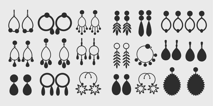 Collection of black silhouette earring designs and jewelry shapes on a gray background Keywords: earrings, jewelry, fashion, accessory
