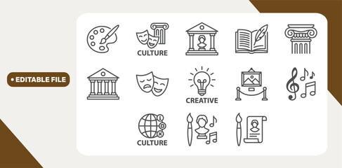  Culture web icon set in line style with art, museums, literature, movie, theater and architecture. © Kingko