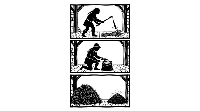 Medieval traditional grain threshing process vector illustration with black silhouettes of a peasant beating wheat with a flail, scooping grain into a sack, and piles of straw and chaff on a white 