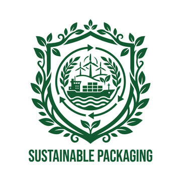 Sustainable logistics emblem featuring a cargo ship with wind turbines inside a shield leaf border.