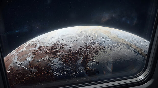 A stunning view of the moon's surface from a spacecraft window in outer space