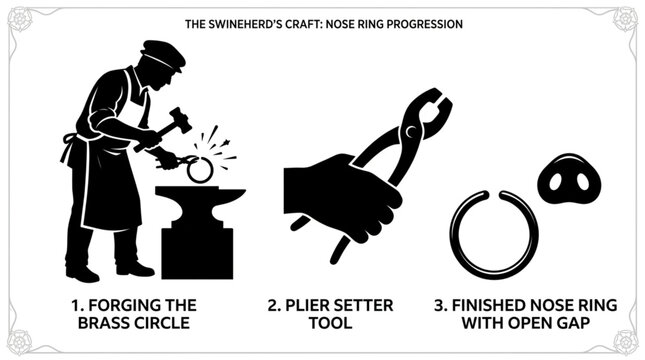 The Swineherd's Craft nose ring progression vector set featuring black silhouettes of a blacksmith forging a brass circle on an anvil, a hand holding a plier setter tool, and a finished background 