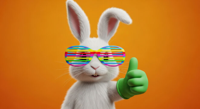 A fluffy white Easter bunny wearing vibrant rainbow shutter shades glasses while giving a cheerful thumbs up gesture with a green gloved hand against a solid bright orange studio background backdrop.