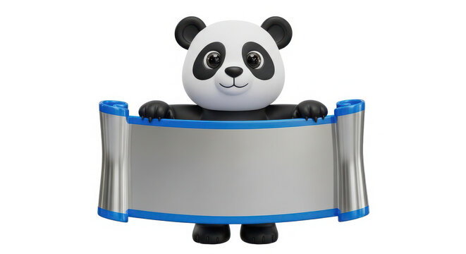 A high-quality 3D rendered cute panda character holding a blank metallic silver scroll with vibrant blue edges, presented against a clean white background for versatile creative design applications.